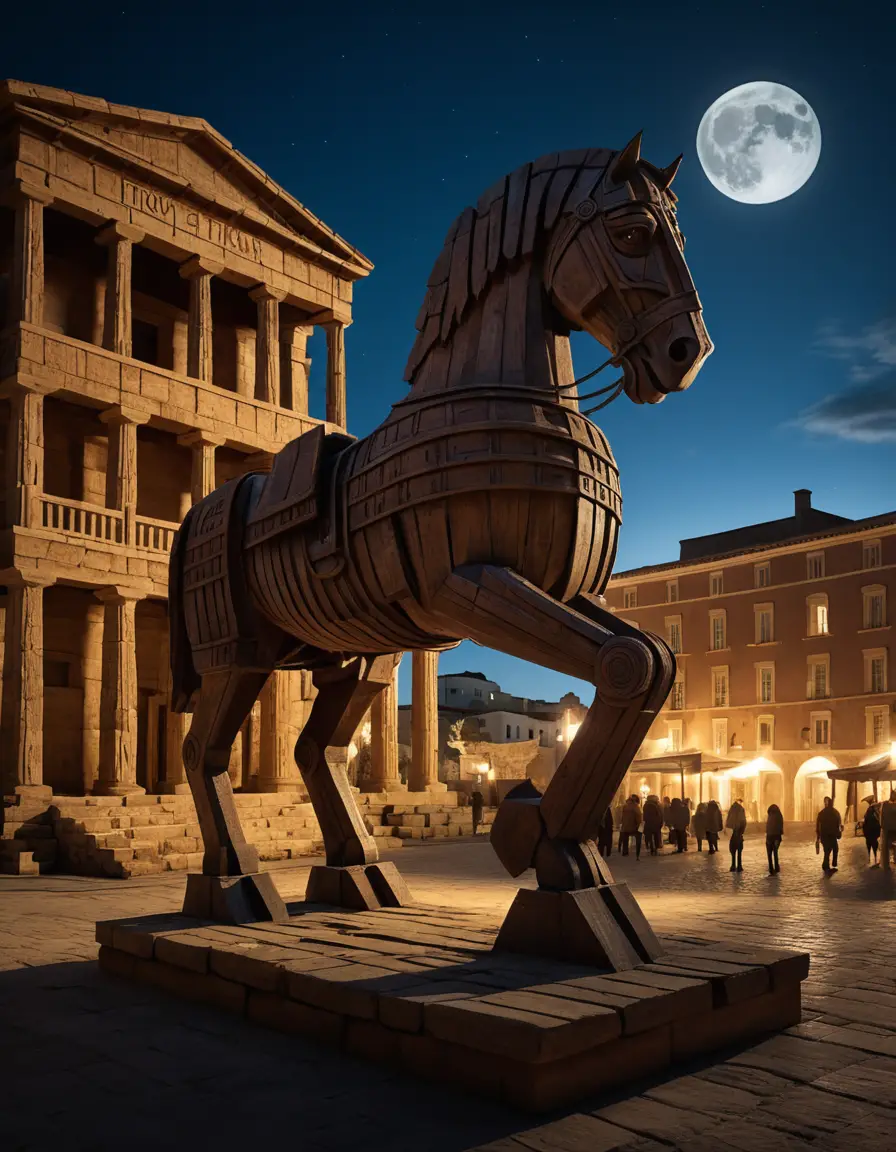 A massive wooden horse stands beneath the moon in ancient Troy