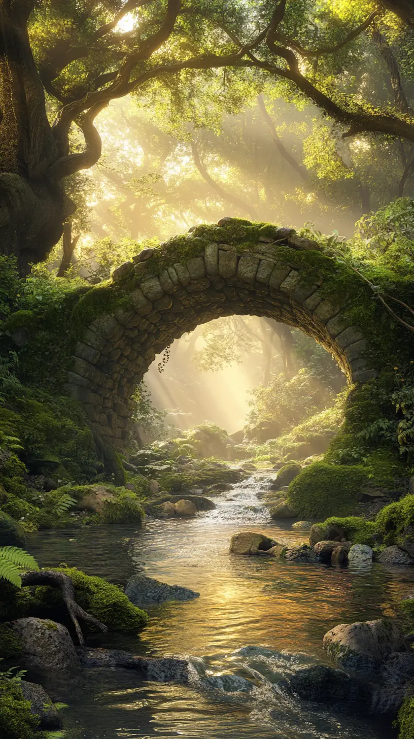 An Ancient Stone Arch Bridge Spans a Misty Forest Stream