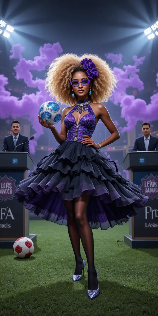 Woman presents beside broadcast desks in a football stadium