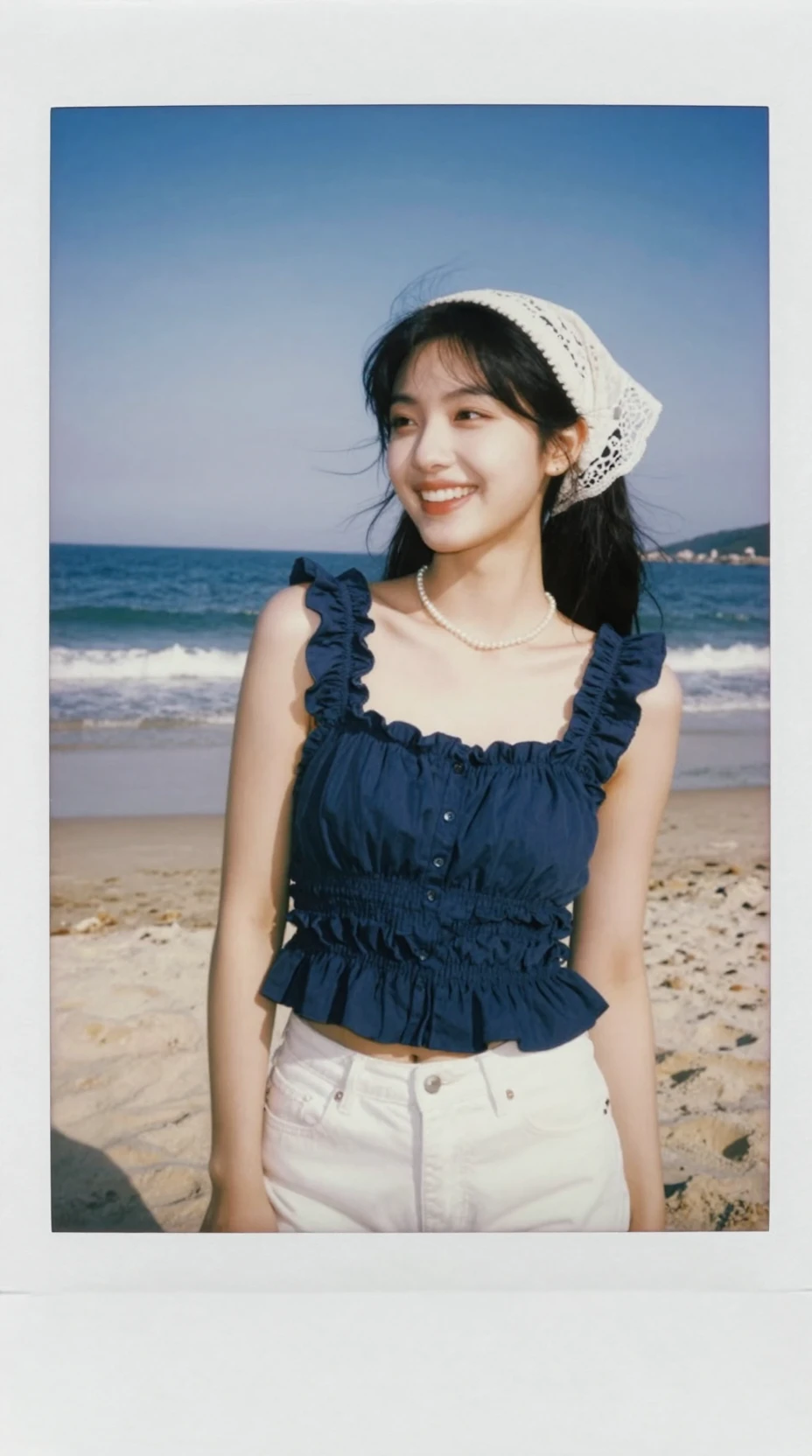 산들바람 부는 모래사장의 인물 사진 속에서 웃는 여성