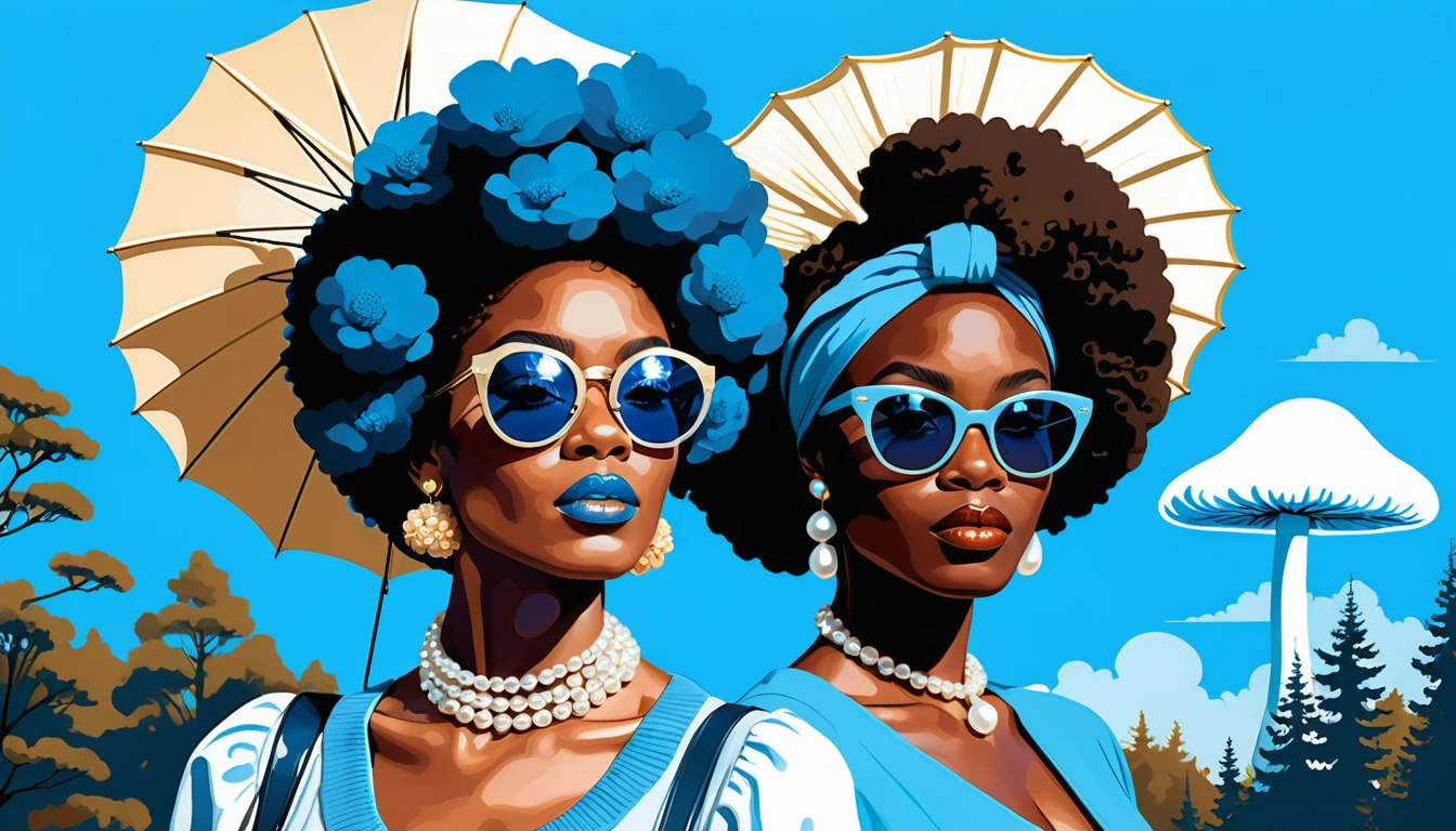 Two Women With Blue Afros and Pearl Adornments in Impasto Art