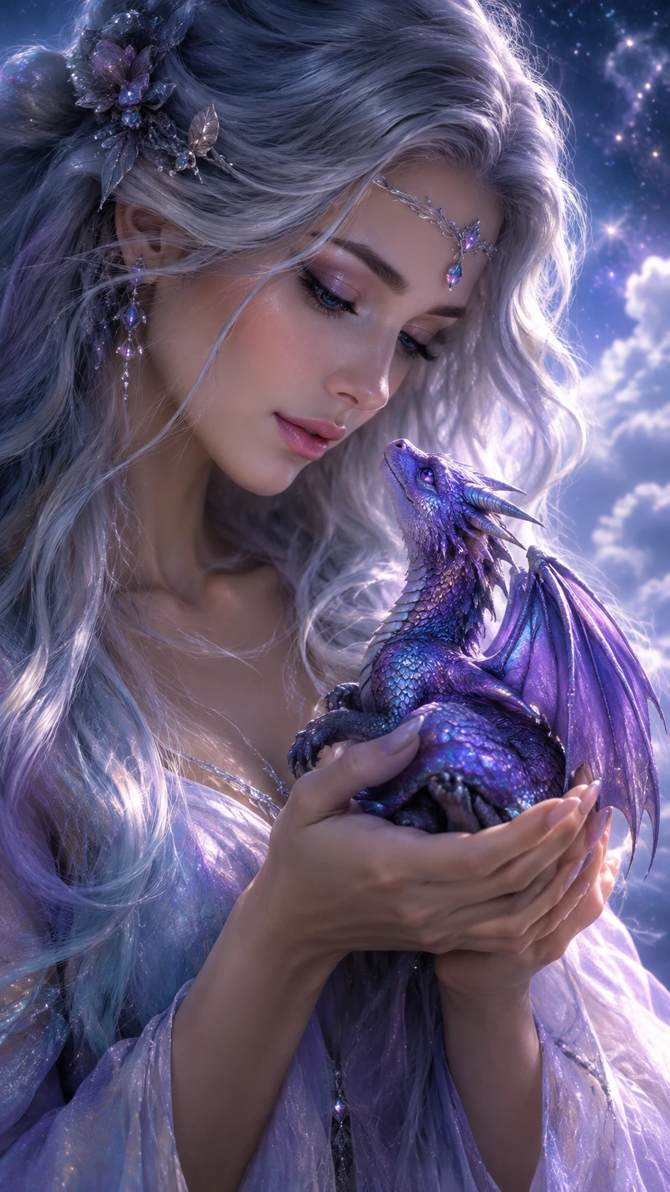 A mystical woman cradles a tiny dragon beneath a starry sky