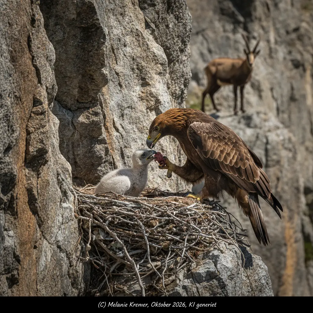 An eagle feeds its chick in a nest on a steep cliff
