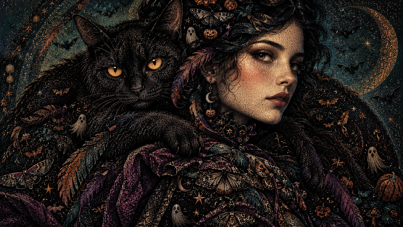A witch and her black cat form an intricate gothic portrait