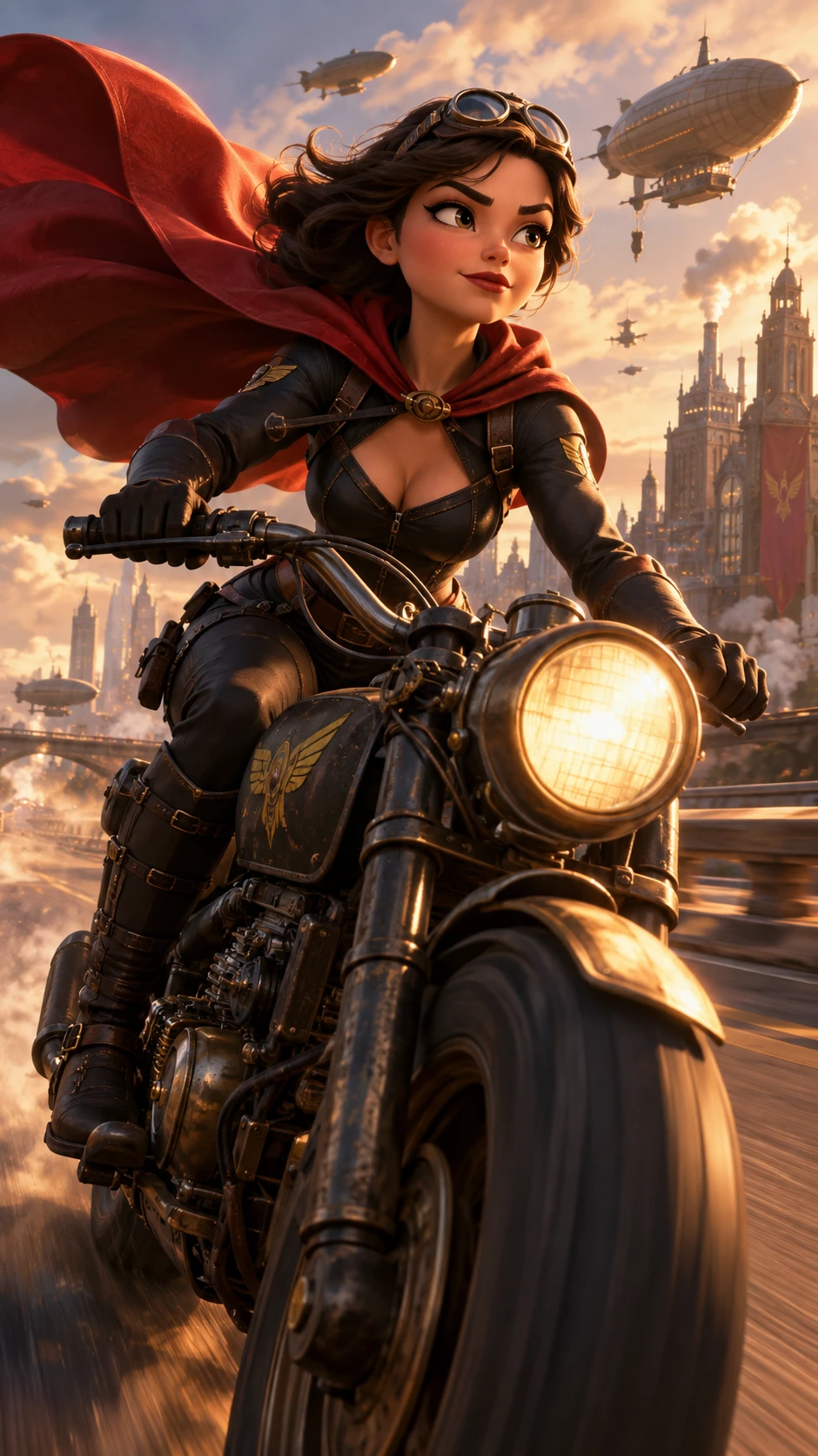 A Caped Female Superhero Rides A Motorcycle In Dieselpunk Style