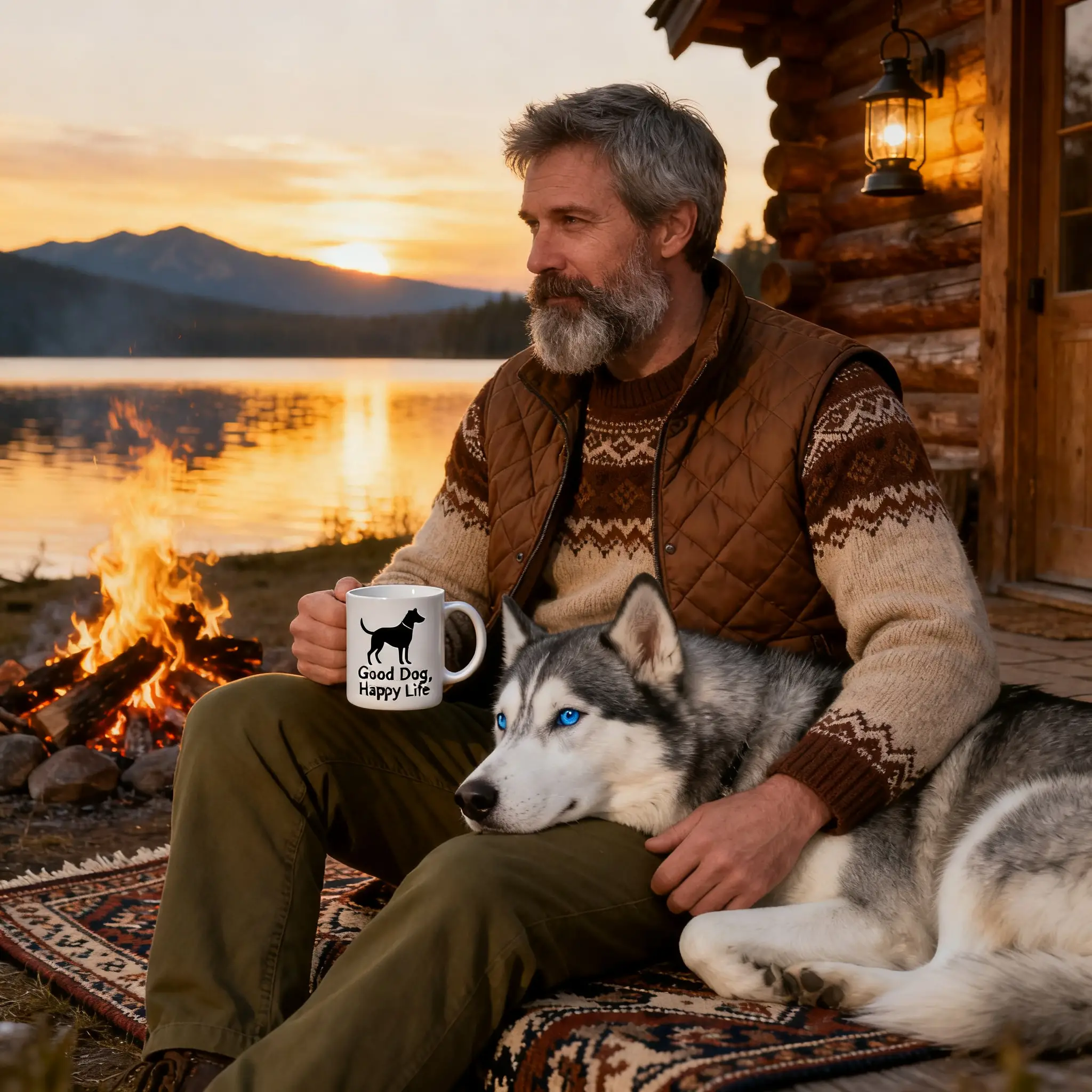 A Bearded Man and Siberian Husky Share a Quiet Evening by the Lake