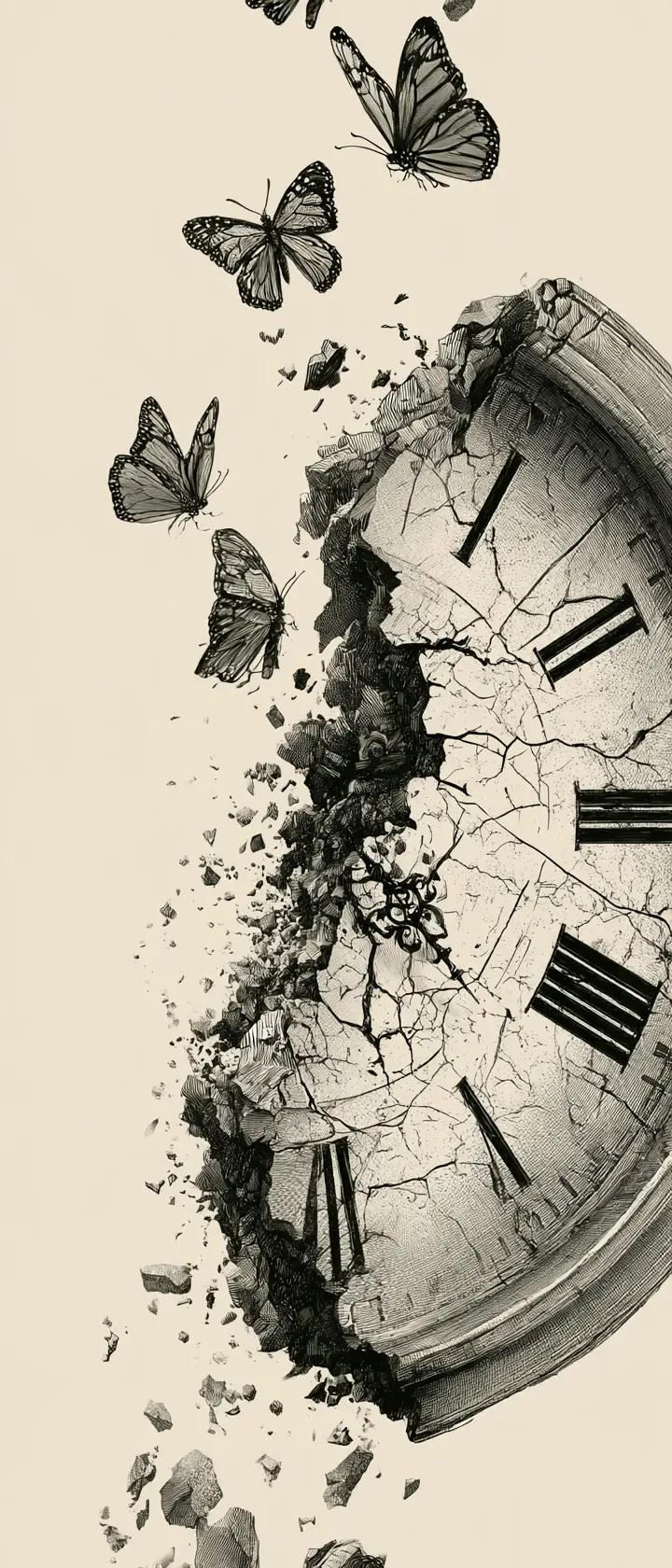 A Broken Clock Crumbles as Butterflies Rise Into the Air