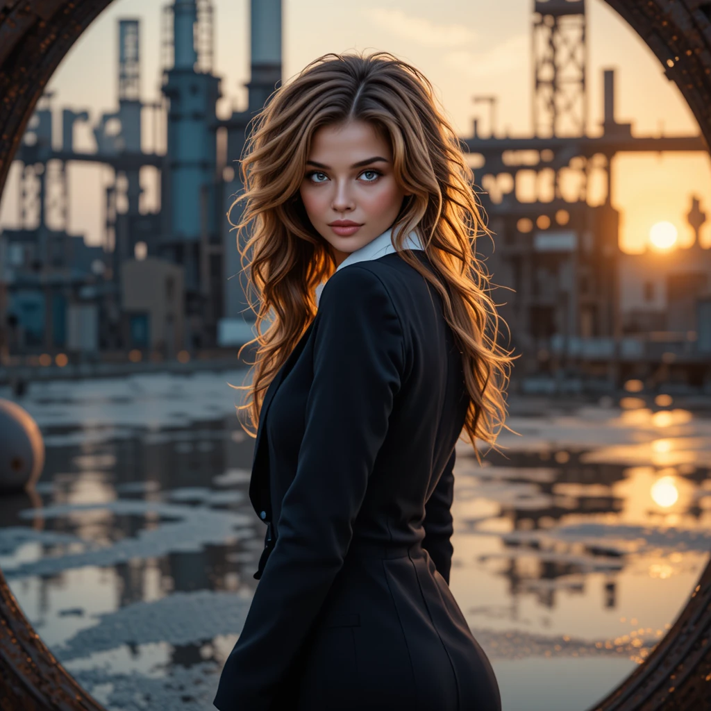Young Woman Looks Back Across a Reflective Industrial Sunset