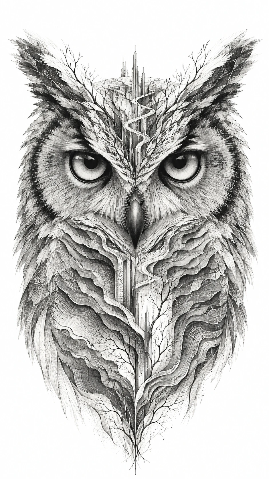 Retrato frontal de uma coruja com linhas ramificadas nas penas