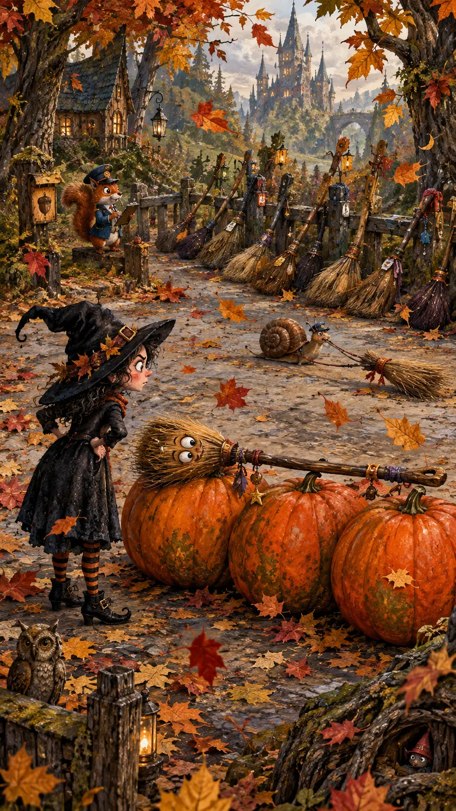 A Tiny Witch Finds Her Broom Parked Across Three Enormous Pumpkins