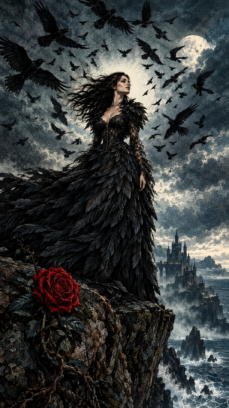 A woman in a feathered gown stands above a stormy ocean