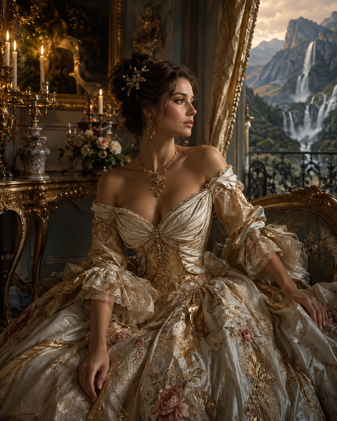 A Woman in a Rococo Gown in a Candlelit Chamber