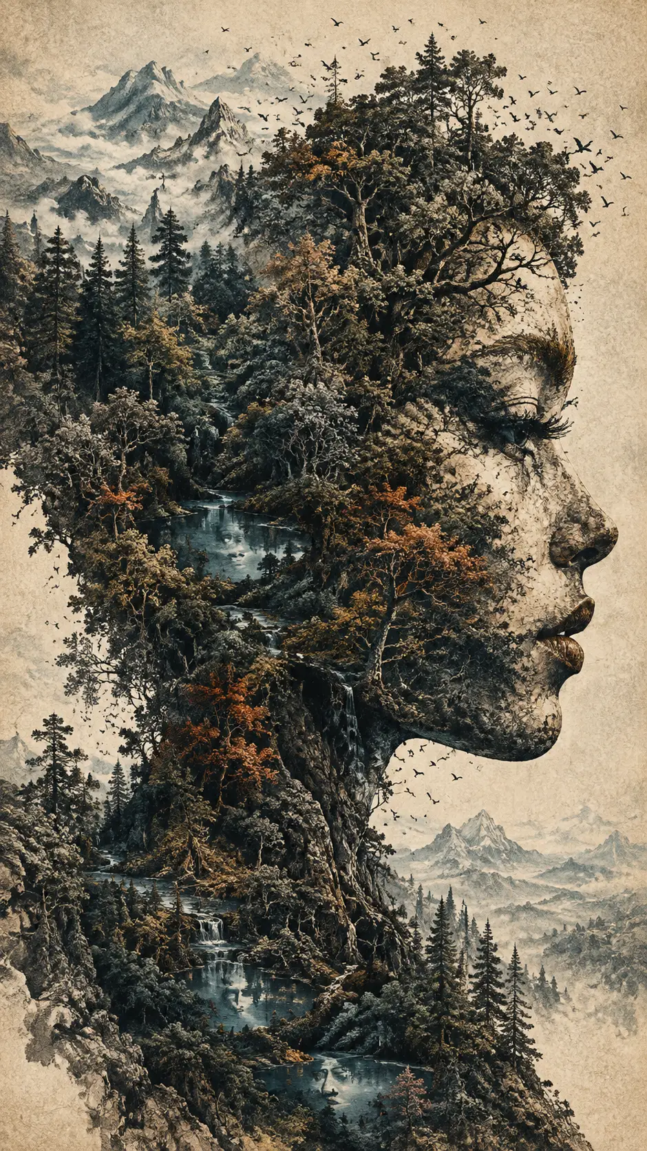 An ancient forest forms the silhouette of a human face
