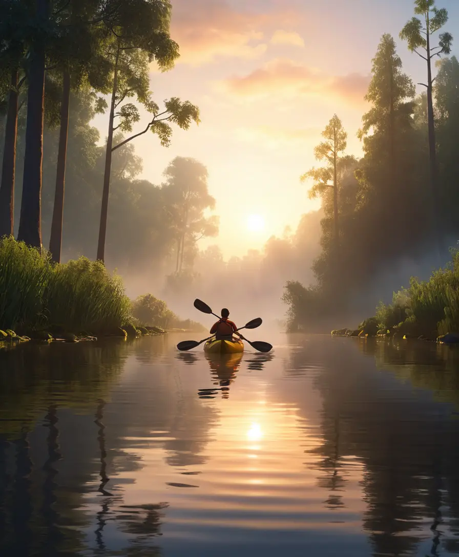 A Man Paddles His Kayak Along a Misty River at Dawn