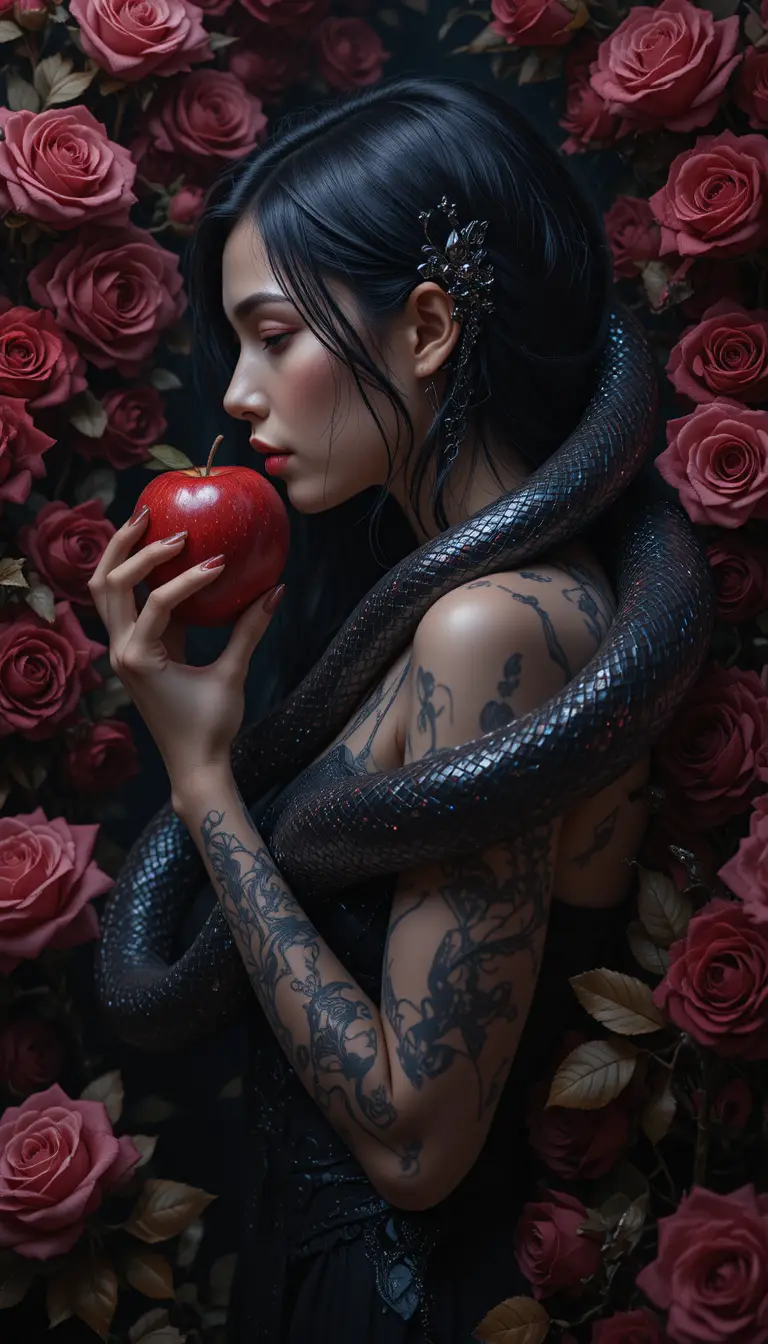 A woman holds a red apple as a black snake coils around her shoulders