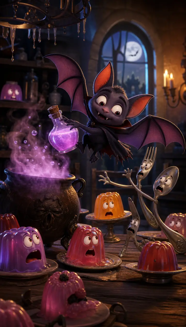A vampire bat reaches for a glowing potion in a haunted kitchen