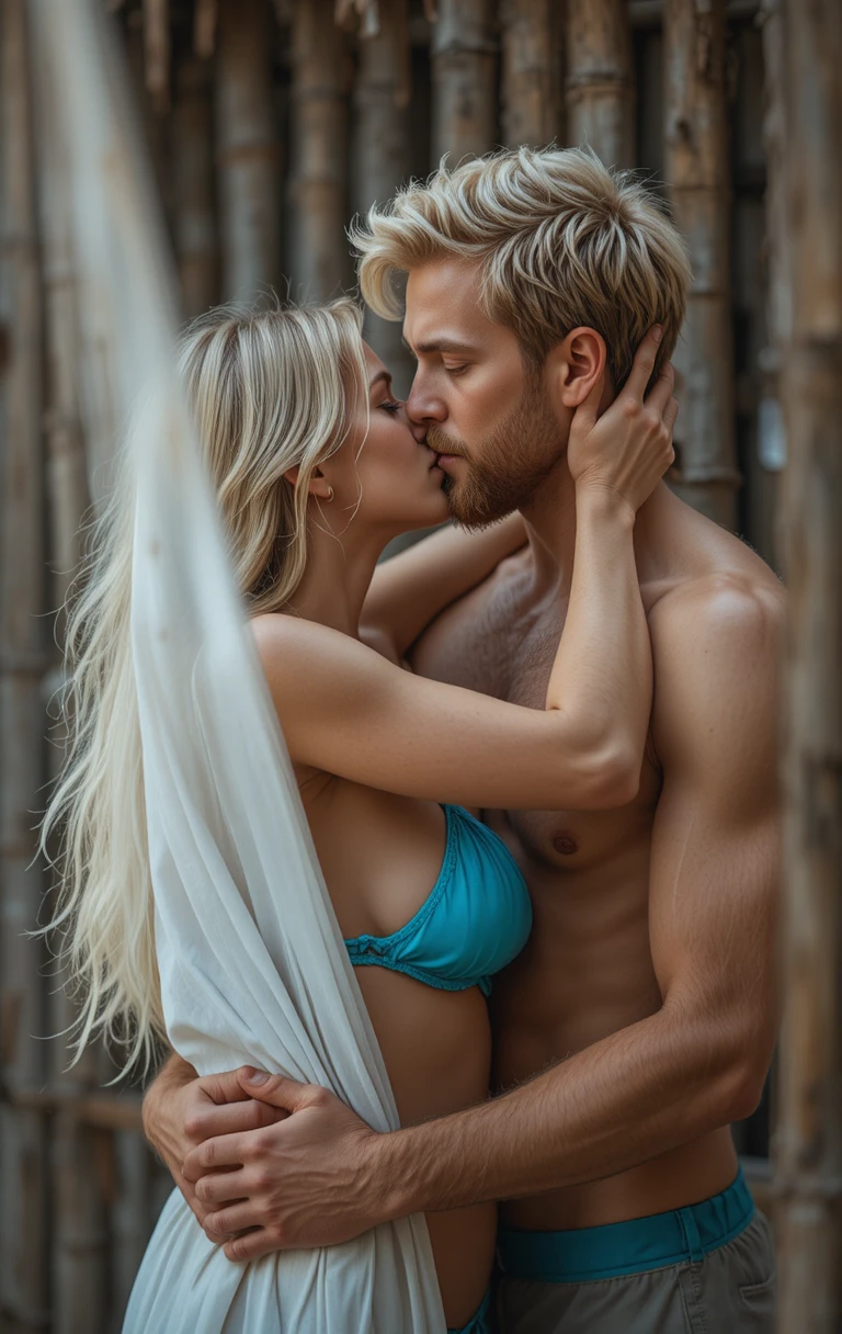 A blonde couple shares a passionate kiss in an intimate close-up