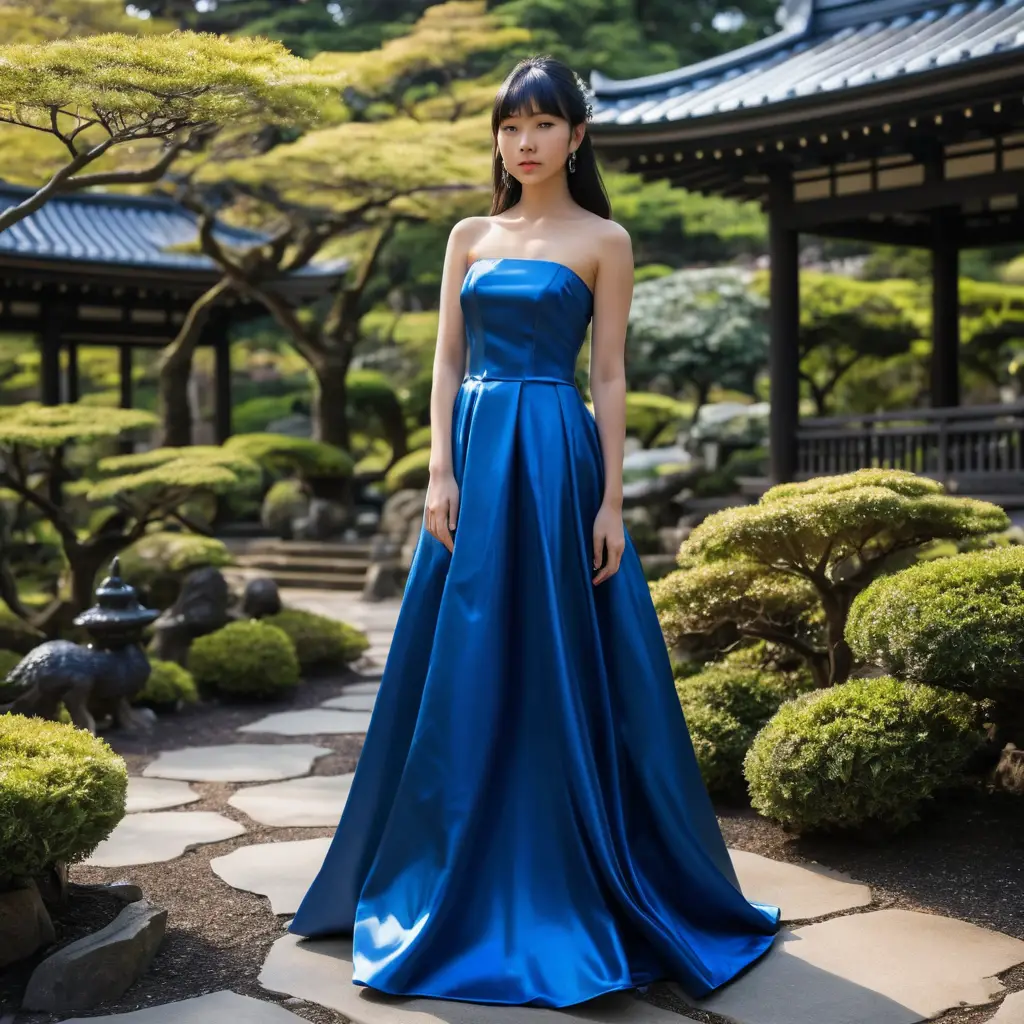 A young Japanese princess stands in a shimmering blue satin gown in a Japanese garden