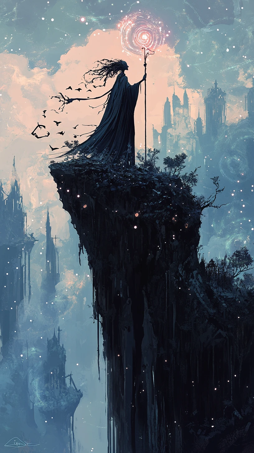 A tall witch overlooks a surreal world from an impossible cliff
