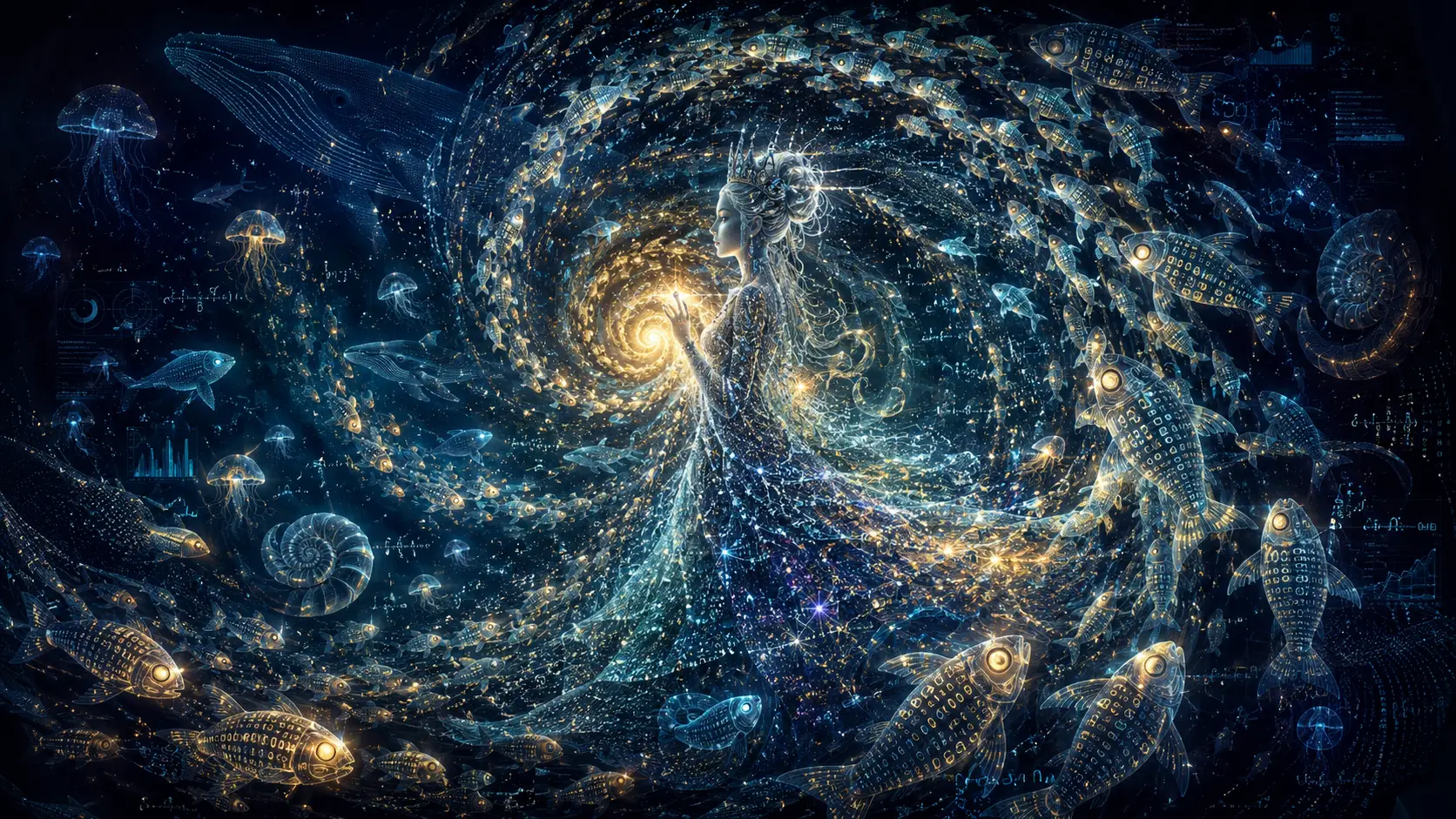 Thousands of glowing lanternfish swirl into a vast spiral of binary code