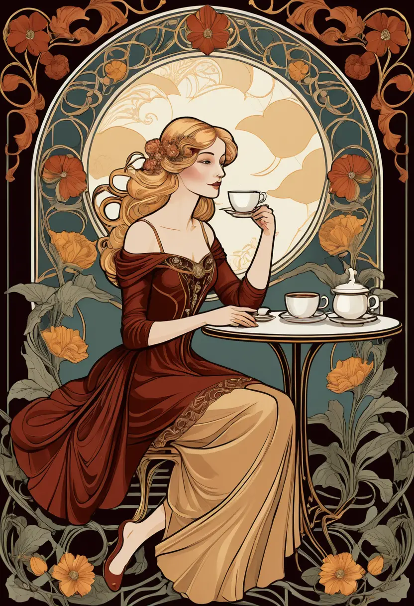 A blonde woman enjoys coffee at a Belle Époque café table