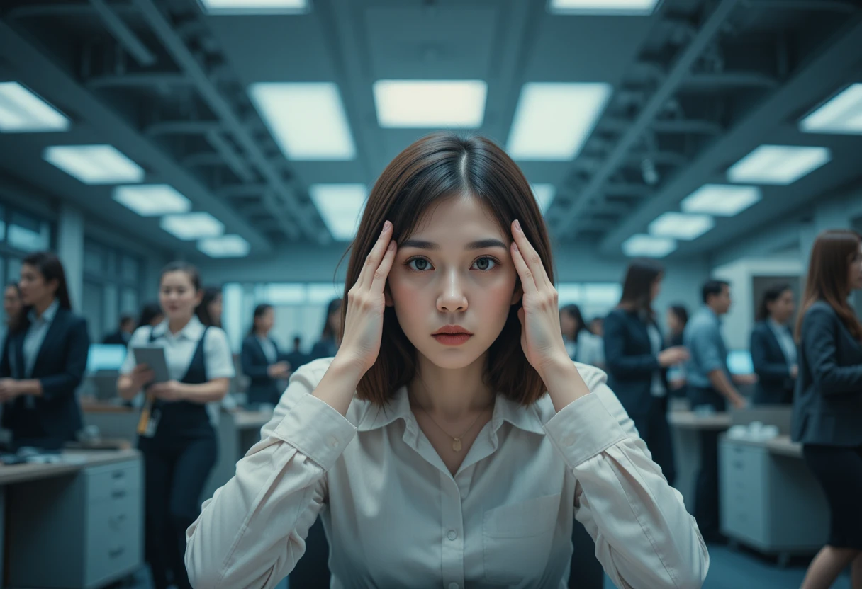 Overwhelmed young woman pauses at her desk in a bustling office