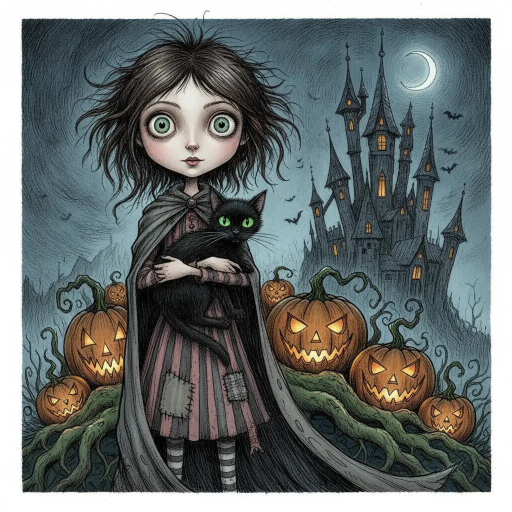 A wide-eyed girl and her black kitten near jack-o'-lanterns before a spooky castle