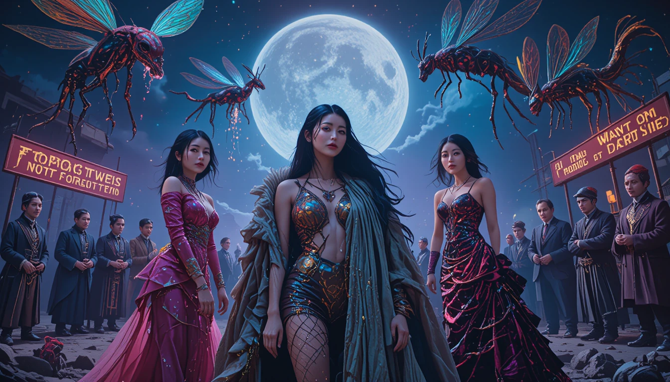 Three glamorous women stand together in a surreal nighttime spectacle