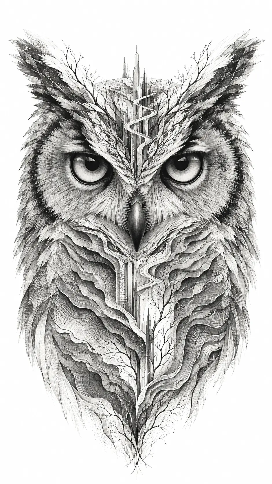 A Frontal Owl Portrait With Branching Lines Across Its Feathers