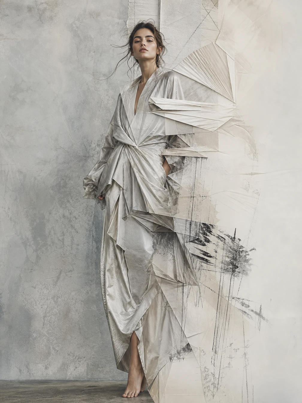 A full body portrait of a sculptural young woman in a relaxed pose