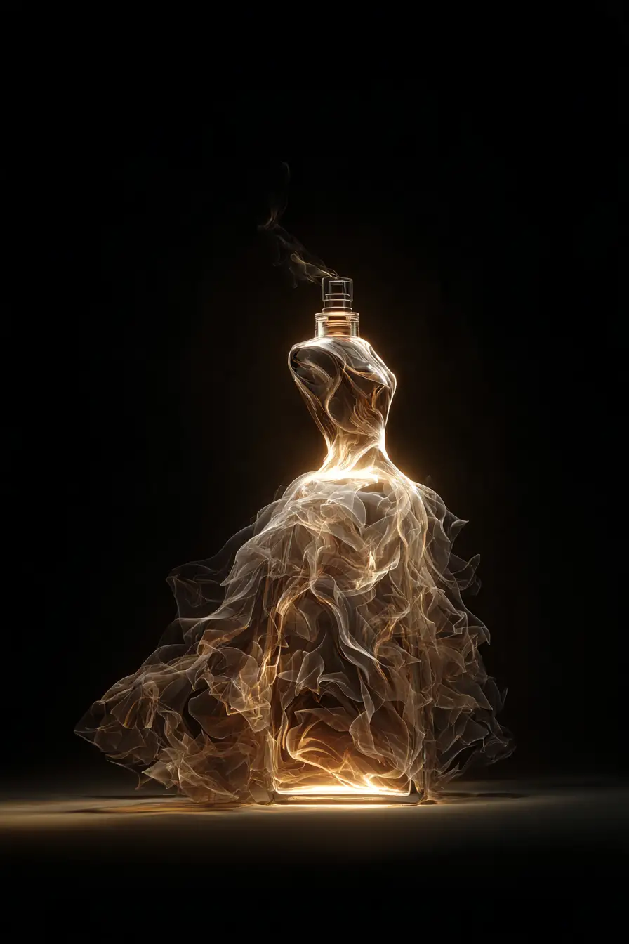 A surreal feminine silhouette formed from luminous fragrance
