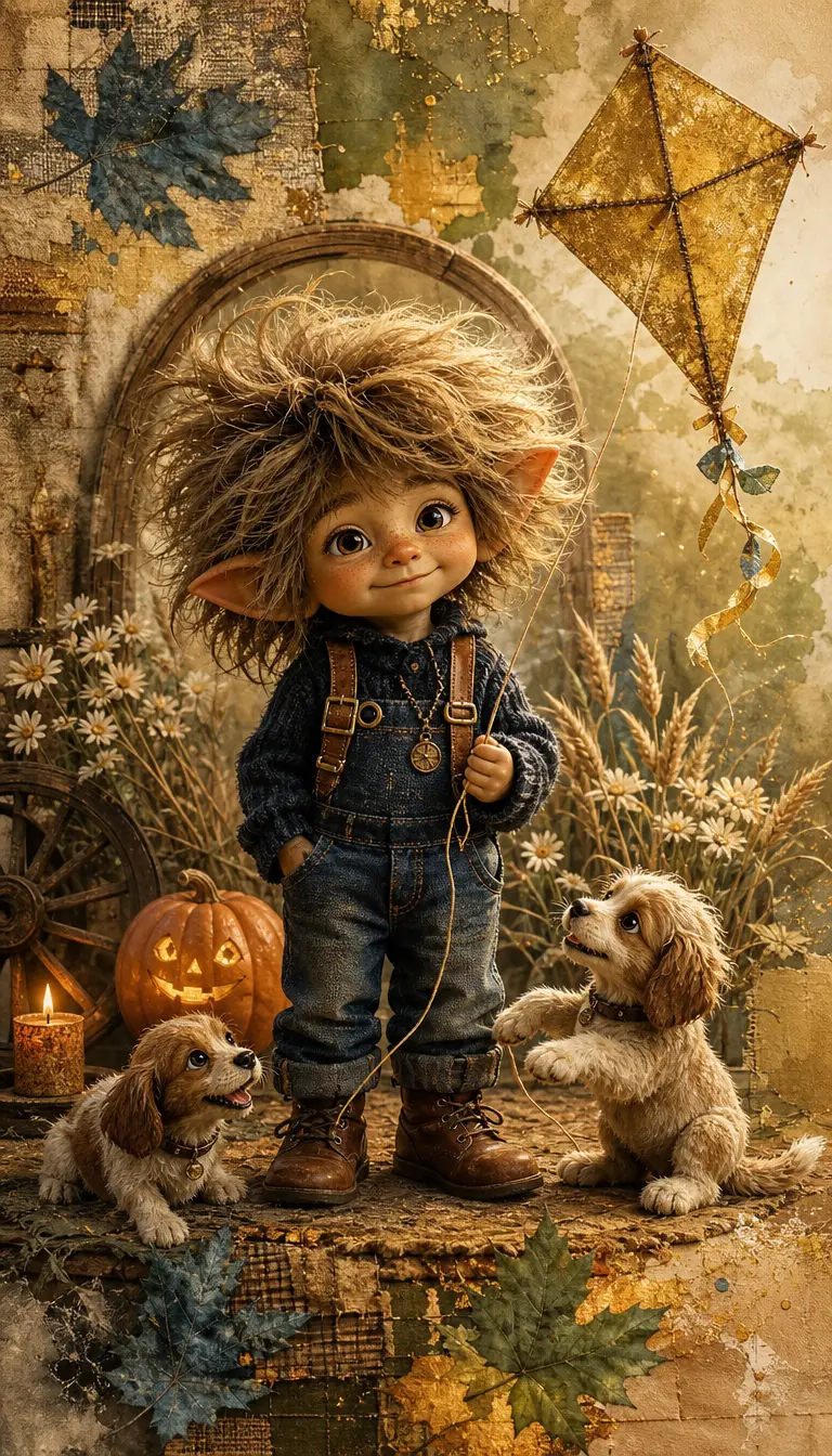 A whimsical troll child holds a golden kite in an autumn scene