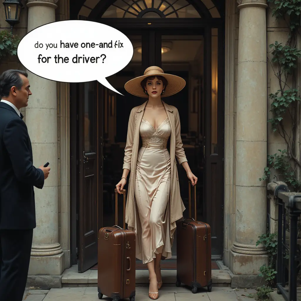 A 1920s woman returns home with luggage and greets her butler