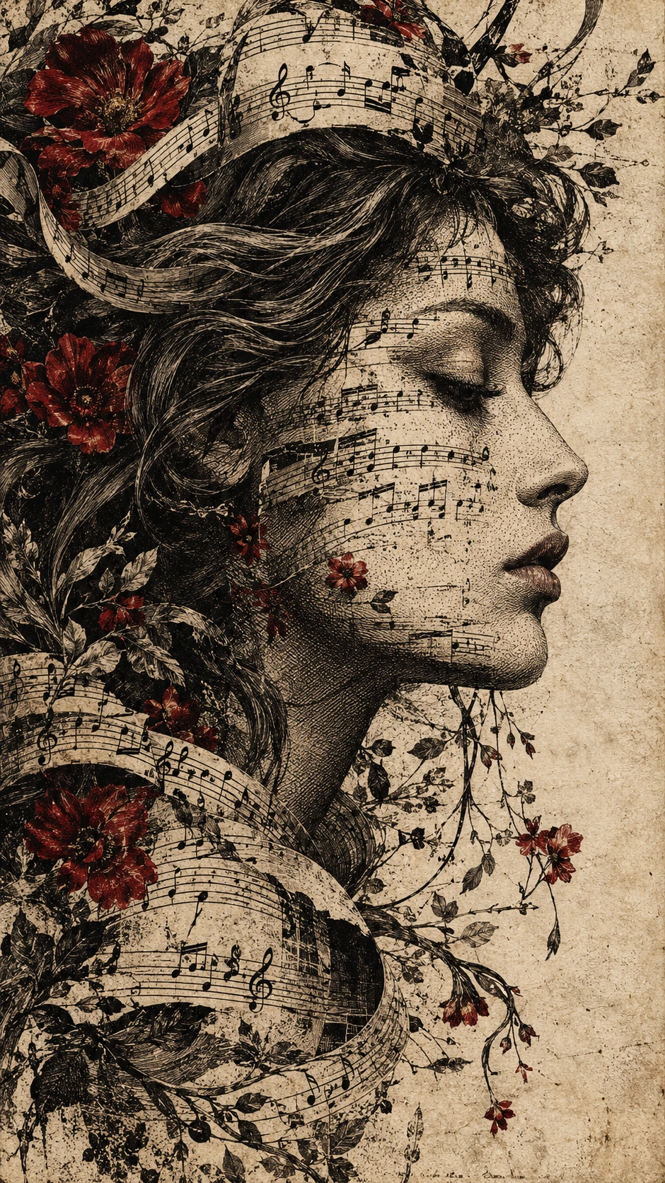 A feminine face emerging from antique musical notation
