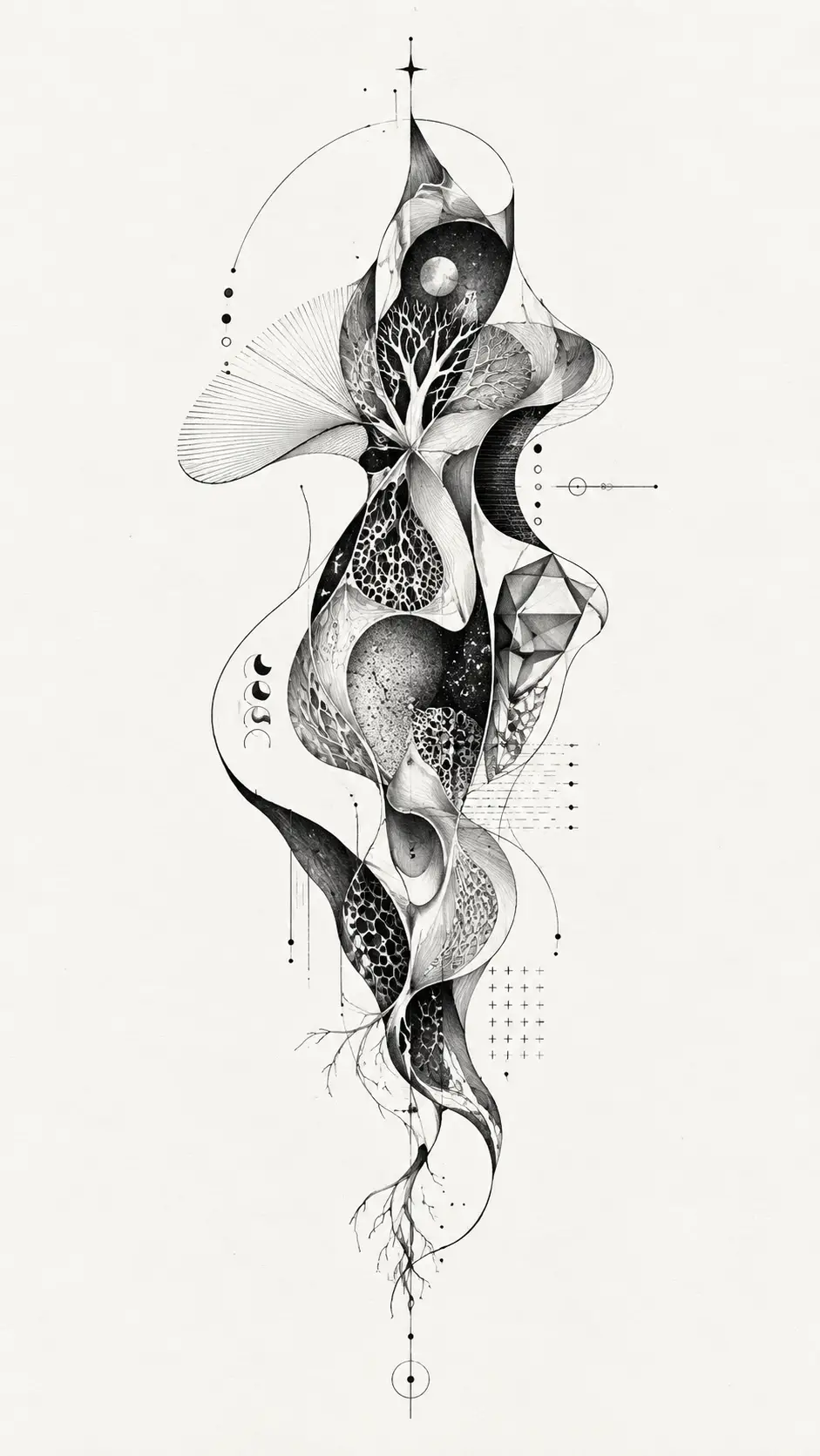 A Vertical Abstract Form Floating Alone in White Space
