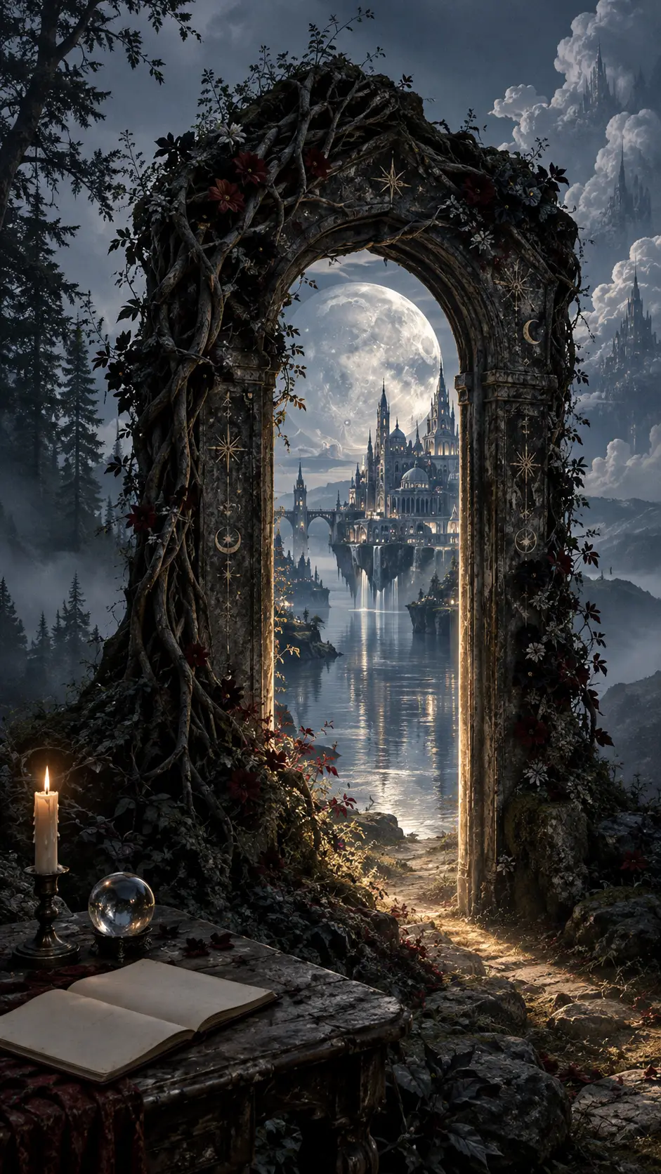 An ancient stone doorway framed by roots in a mysterious landscape