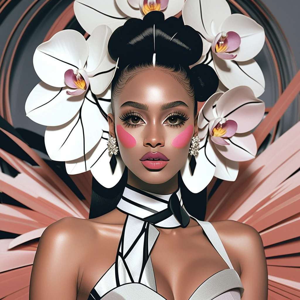 A fashion portrait with an orchid headdress and sculptural lavender gown