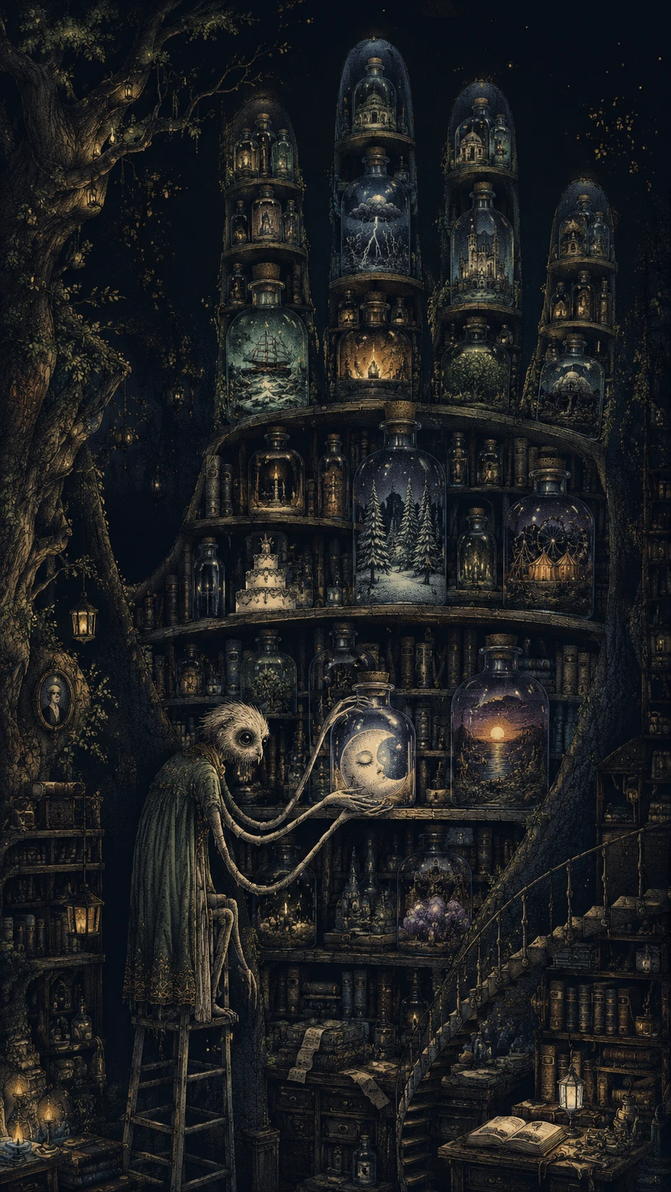 A vast library beneath an ancient tree reaching into darkness