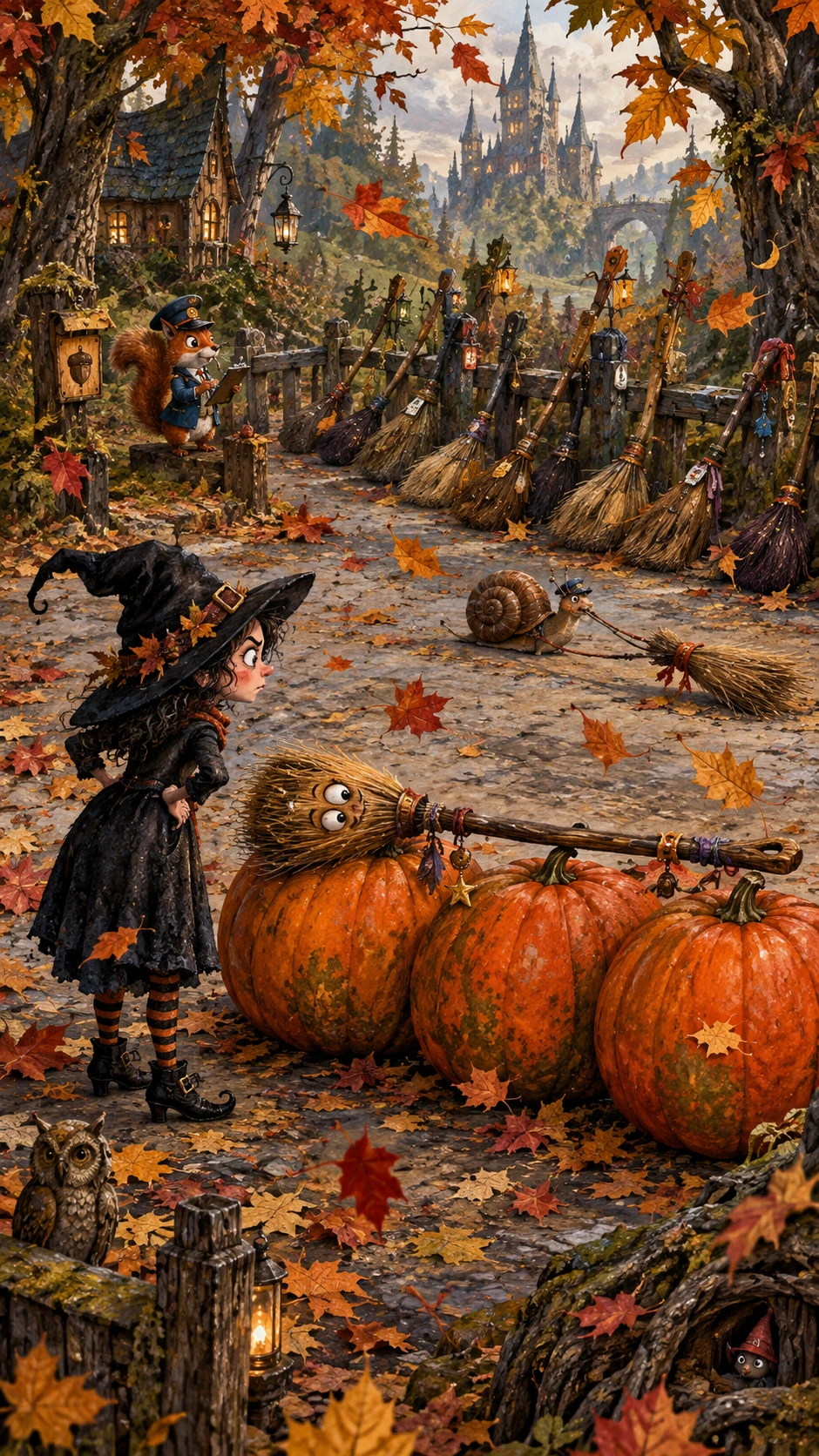 A Tiny Witch Finds Her Broom Parked Across Three Enormous Pumpkins