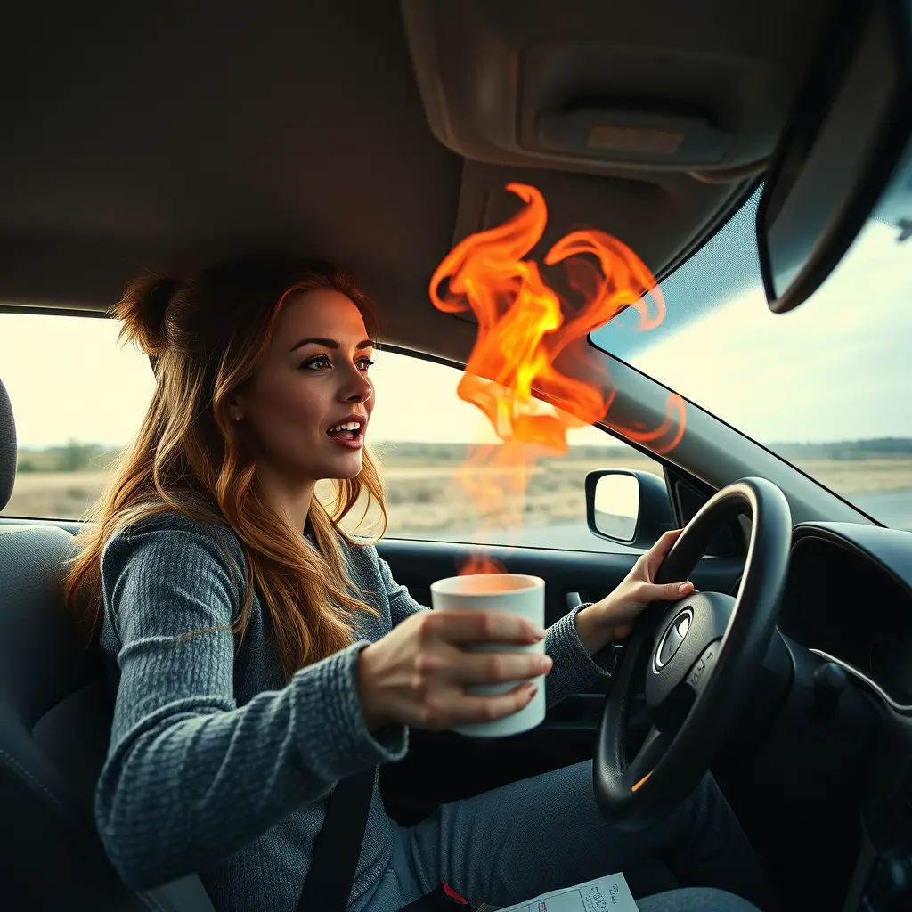 A surreal female passenger faces instant karma while trying to throw coffee