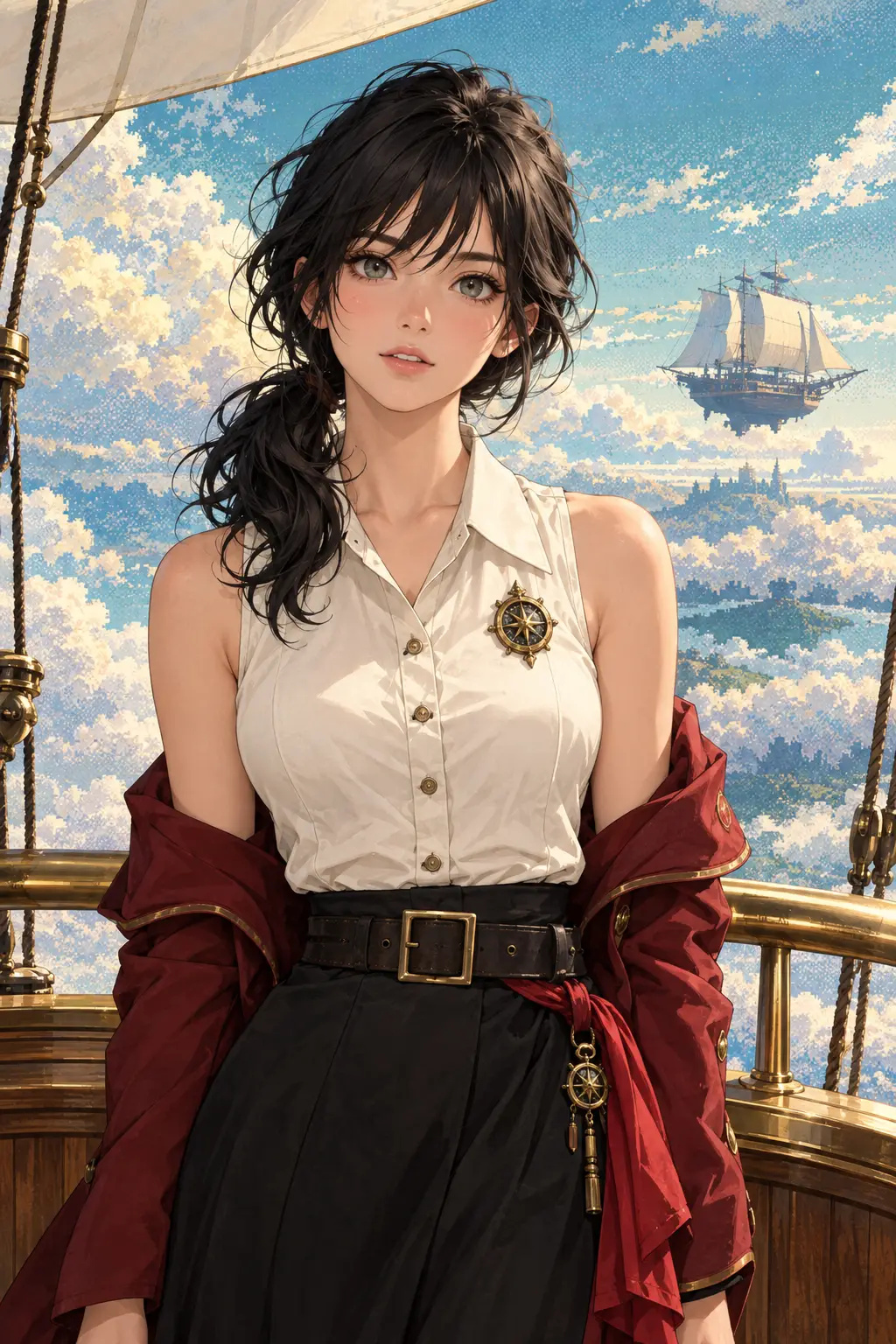 Anime skyship navigator standing onboard with a curious expression