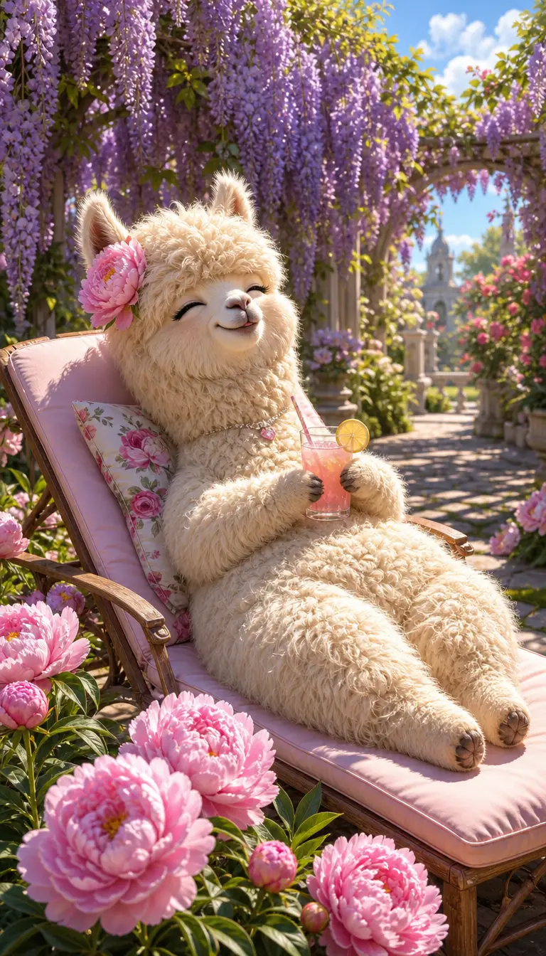 A fluffy alpaca lounges beneath wisteria in a flowering garden