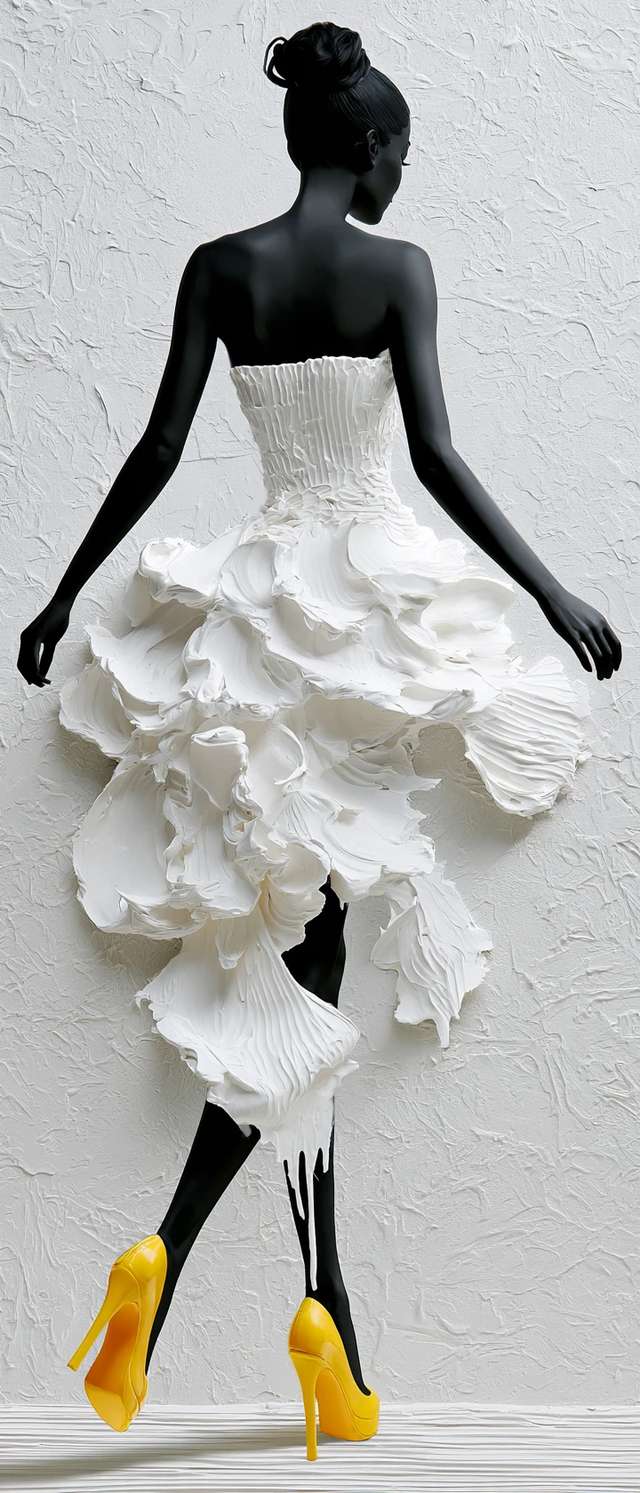 A woman walks away in a sculptural textured white dress
