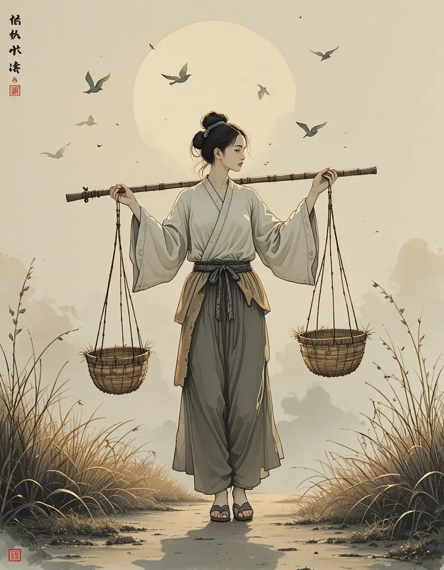 A Rural Woman Balances Baskets on a Bamboo Pole at Sunset