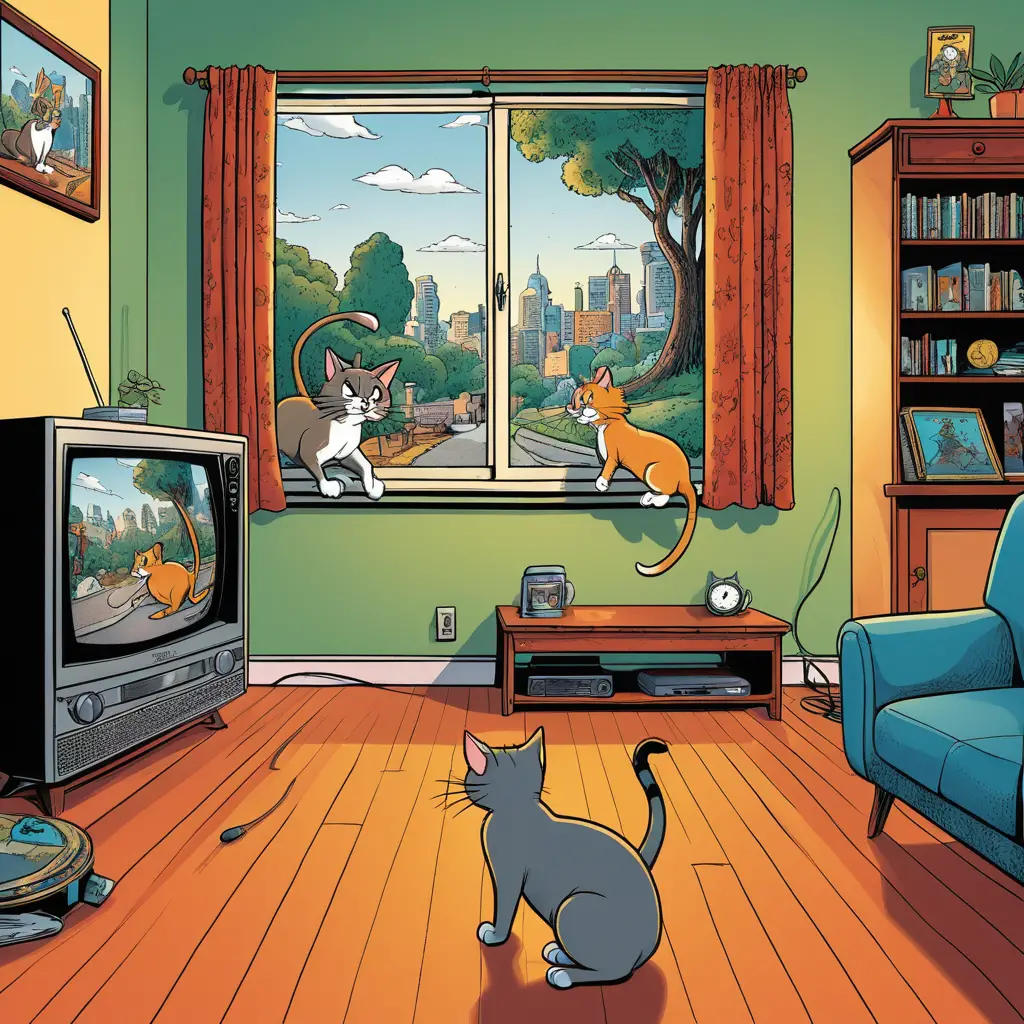 Two cats sit watching television in a living room
