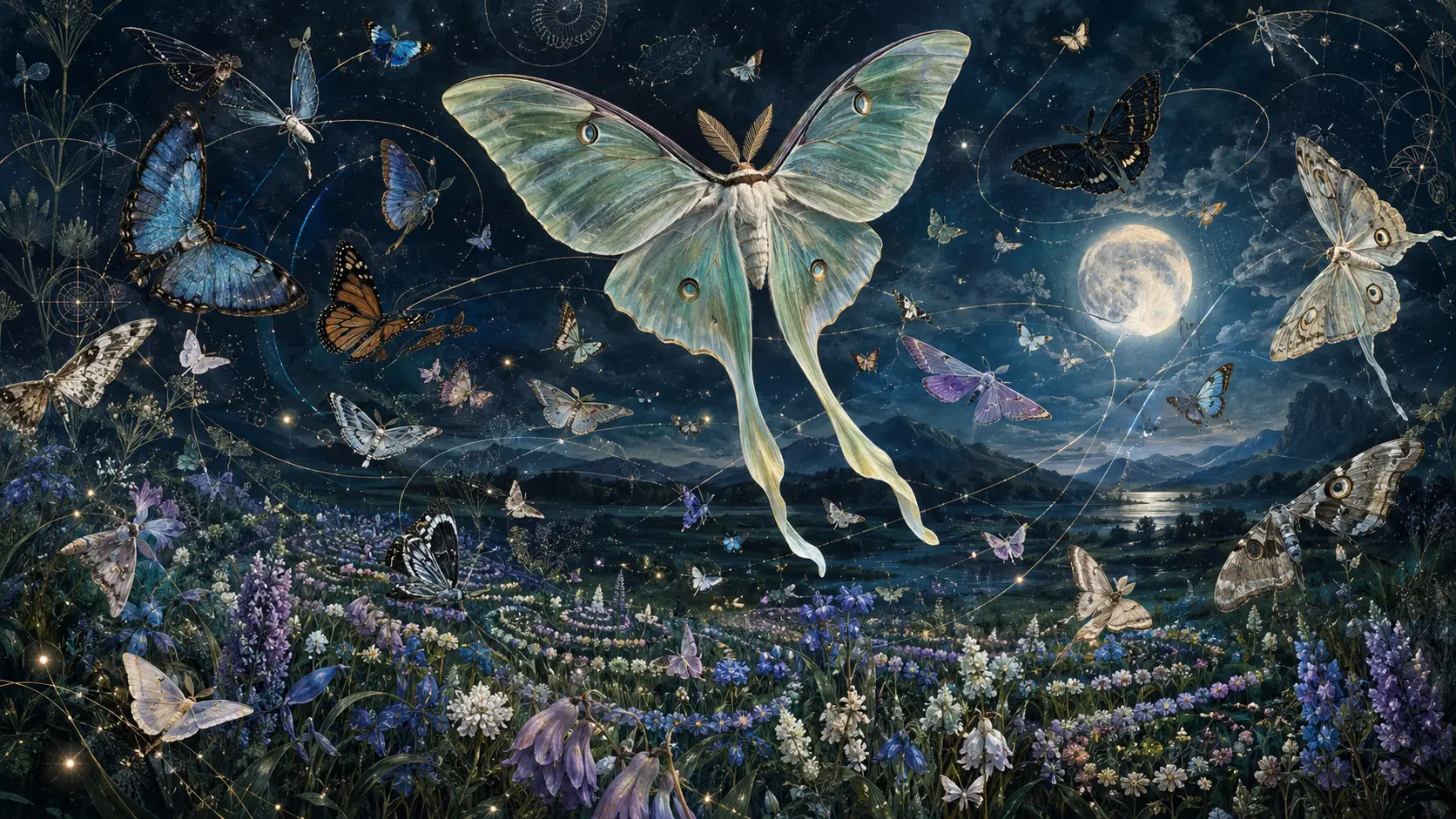 Moths and butterflies drift across a moonlit meadow in curving flight