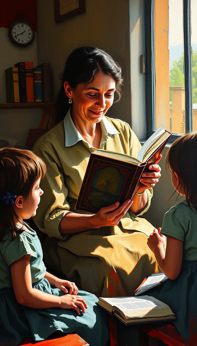 A teacher reads to curious children in a warm rural classroom