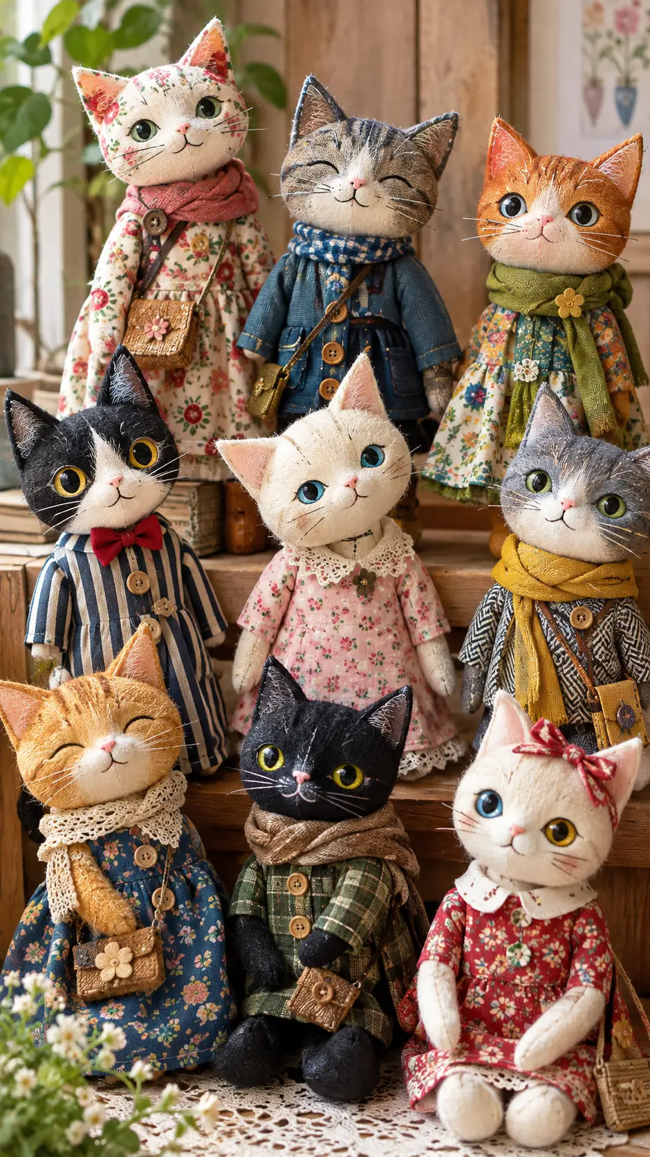 A Collection of Handmade Cat Dolls in Patterned Fabrics