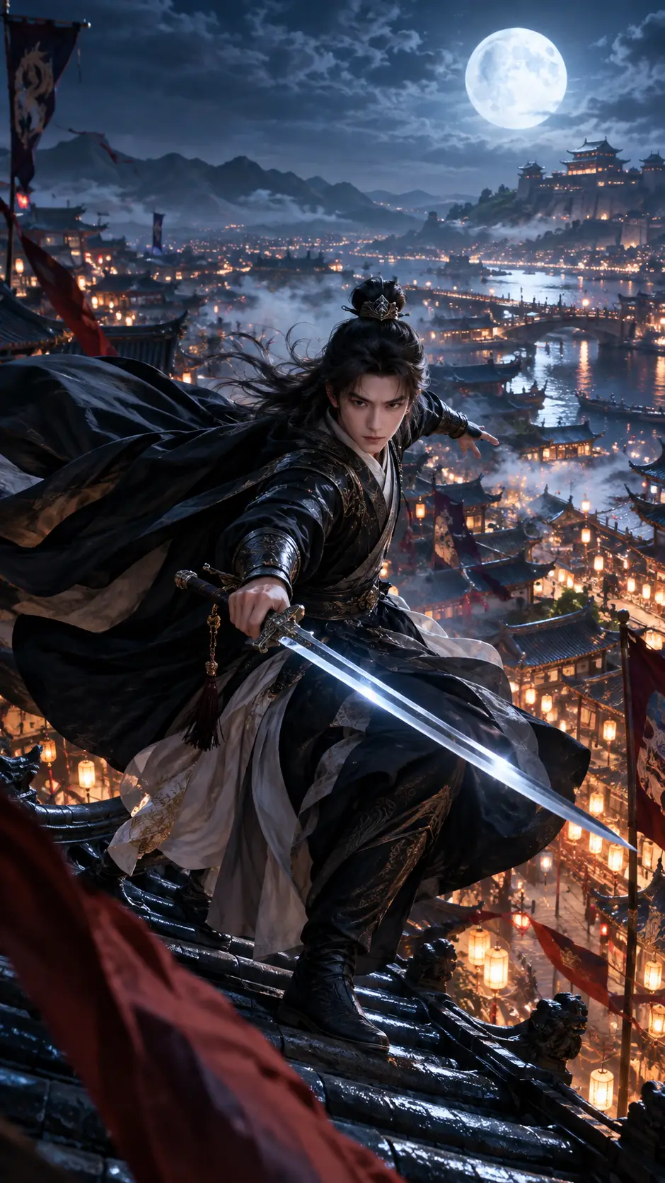 A lone warrior sweeps his sword across ancient city rooftops at midnight