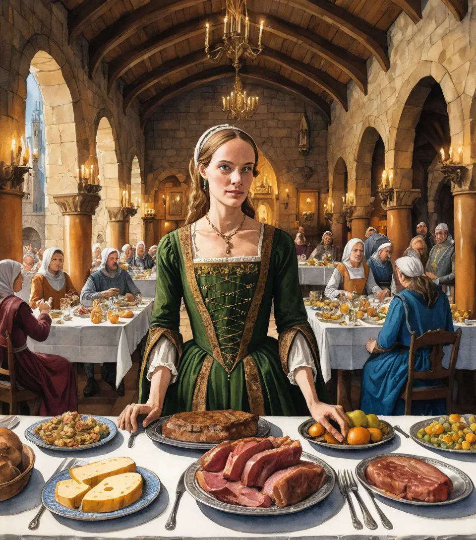 A medieval noblewoman stands amid a castle hall feast